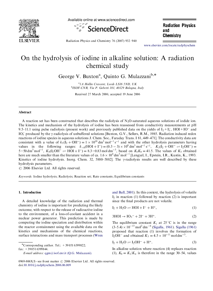 On the hydrolysis of iodine in alkaline solution: A radiation chemical study