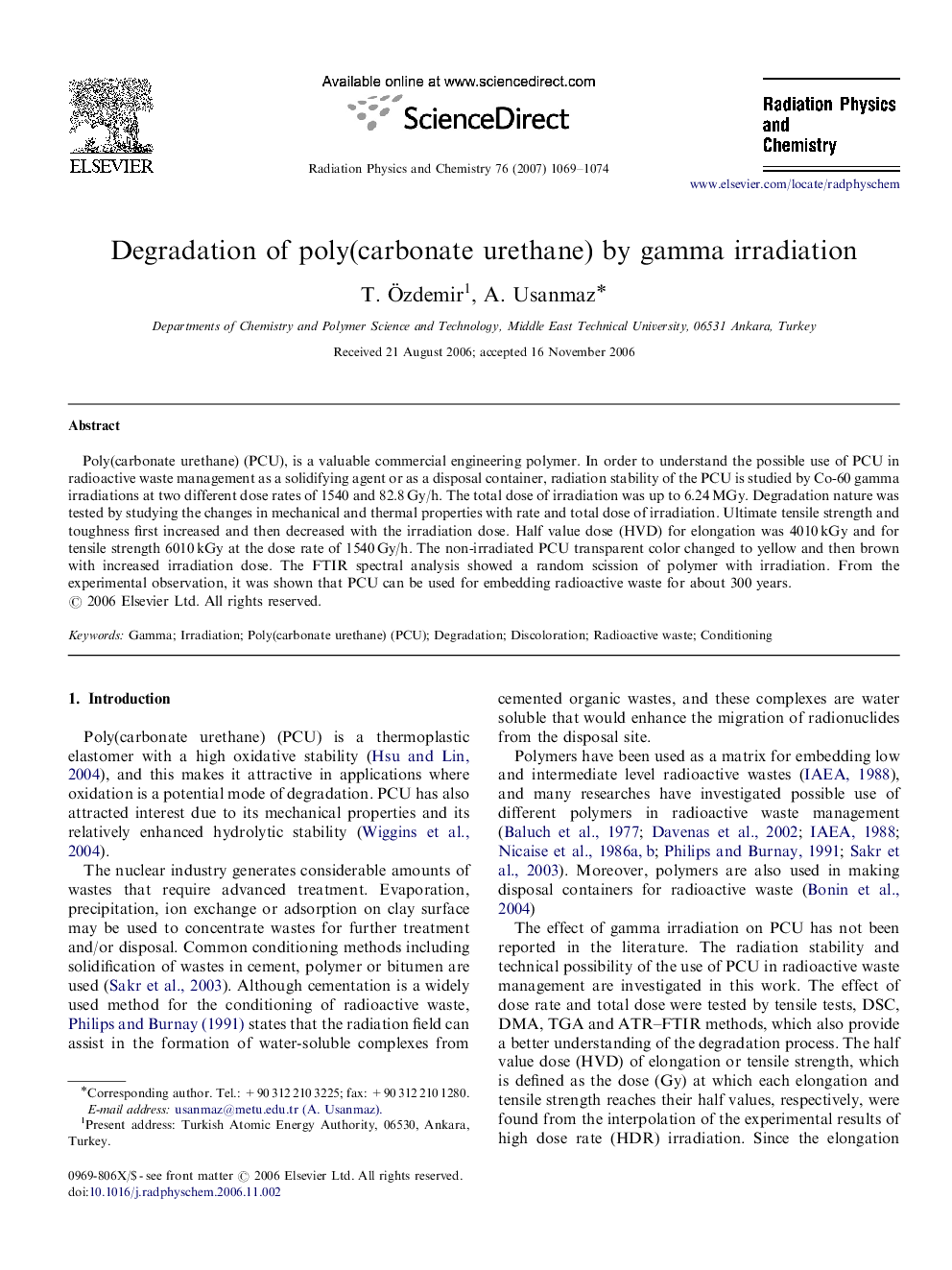 Degradation of poly(carbonate urethane) by gamma irradiation