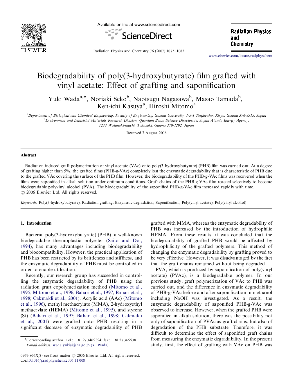 Biodegradability of poly(3-hydroxybutyrate) film grafted with vinyl acetate: Effect of grafting and saponification