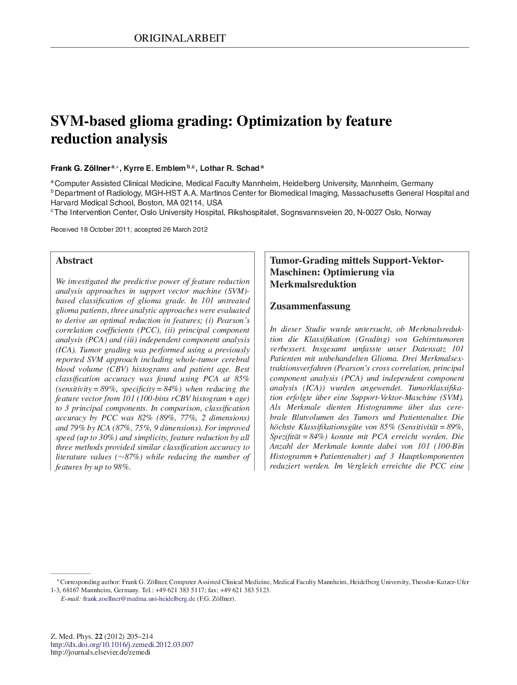 SVM-based glioma grading: Optimization by feature reduction analysis