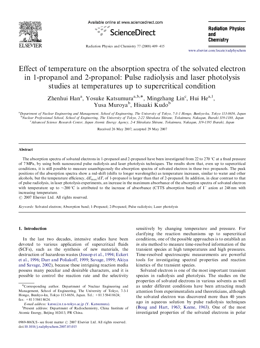 Effect of temperature on the absorption spectra of the solvated electron in 1-propanol and 2-propanol: Pulse radiolysis and laser photolysis studies at temperatures up to supercritical condition