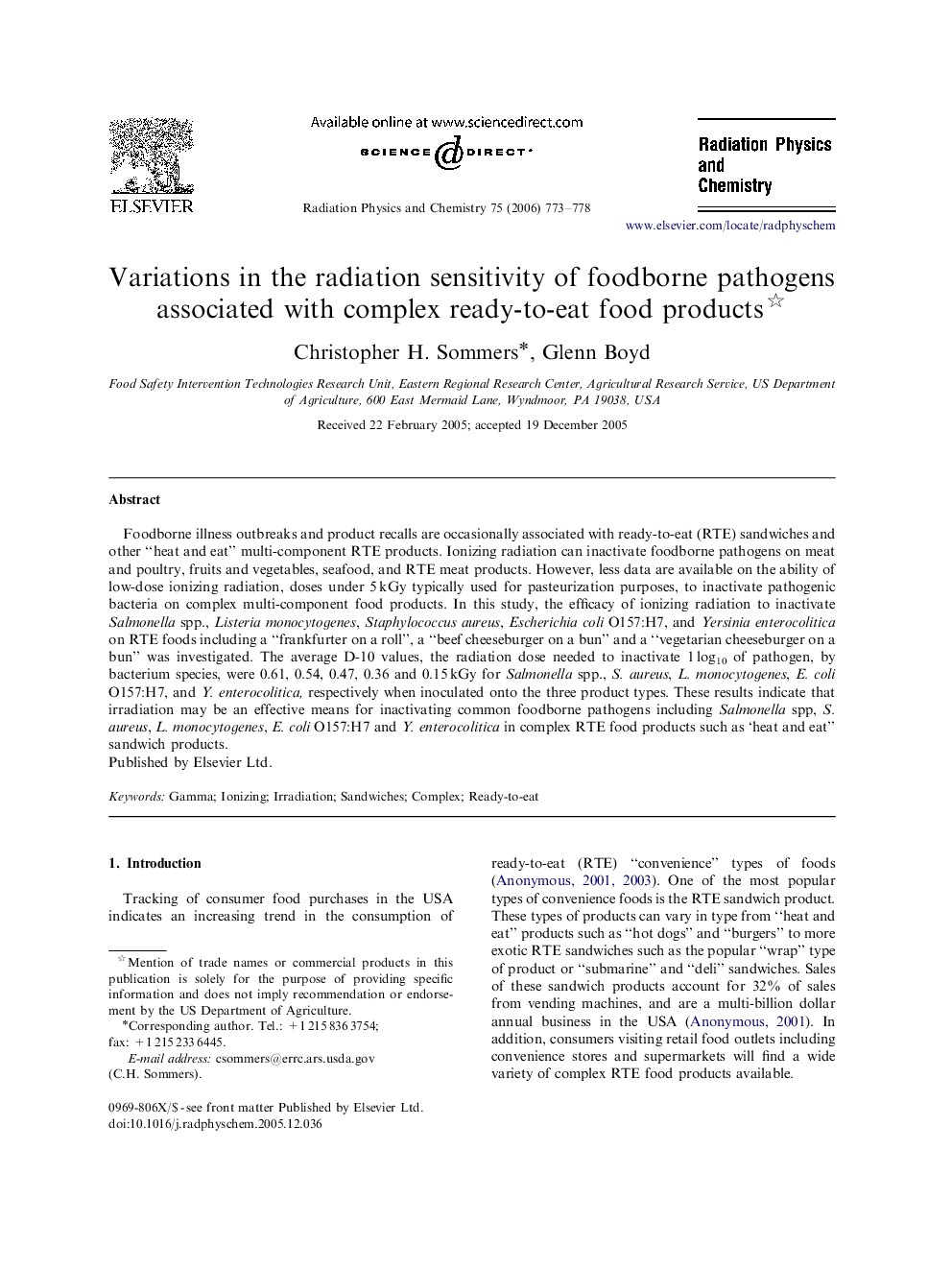 عکس صفحه اول مقاله: Variations in the radiation sensitivity of foodborne pathogens associated with complex ready-to-eat food products Variations in the radiation sensitivity of foodborne pathogens associated with complex ready-to-eat food products