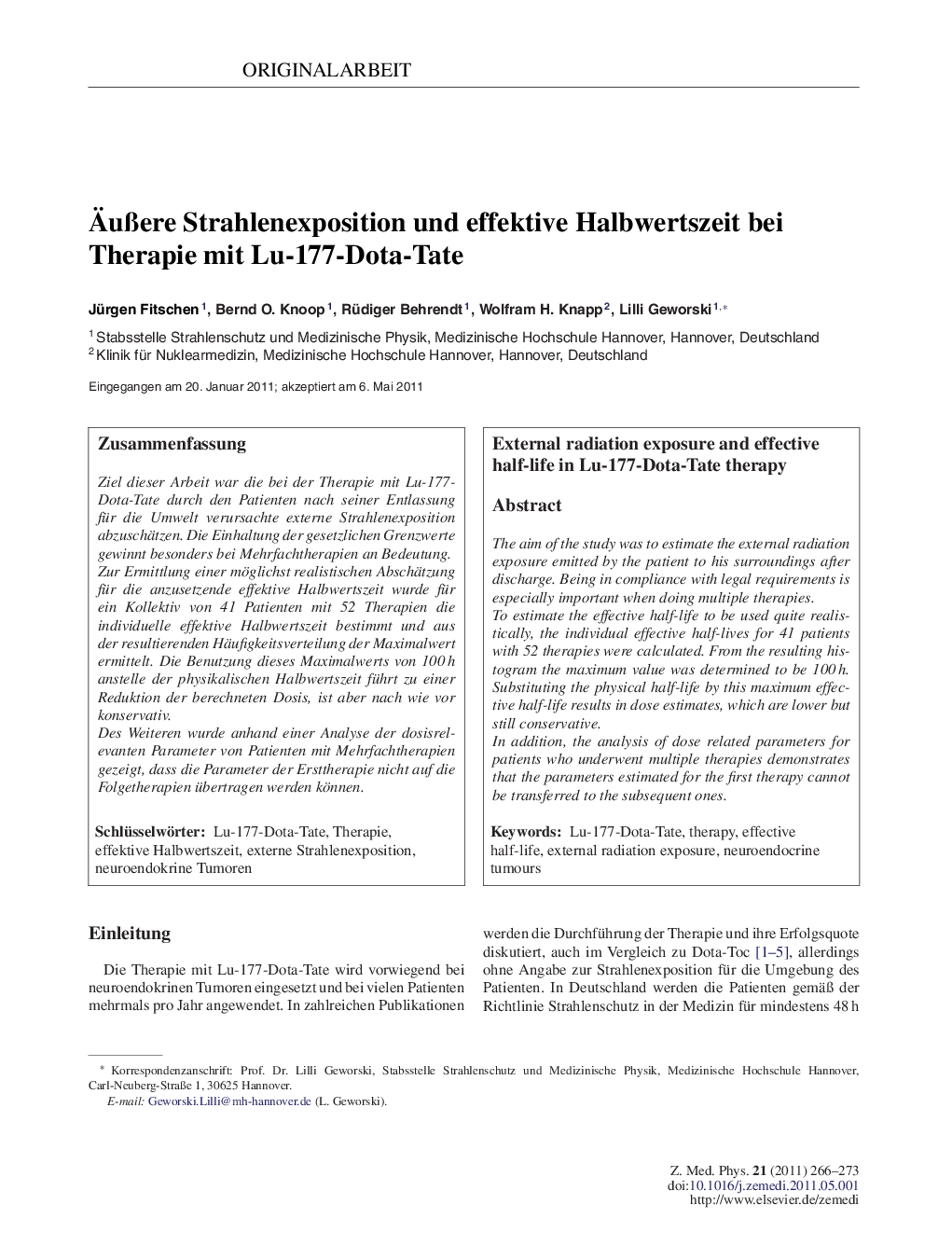 Äußere Strahlenexposition und effektive Halbwertszeit bei Therapie mit Lu-177-Dota-Tate