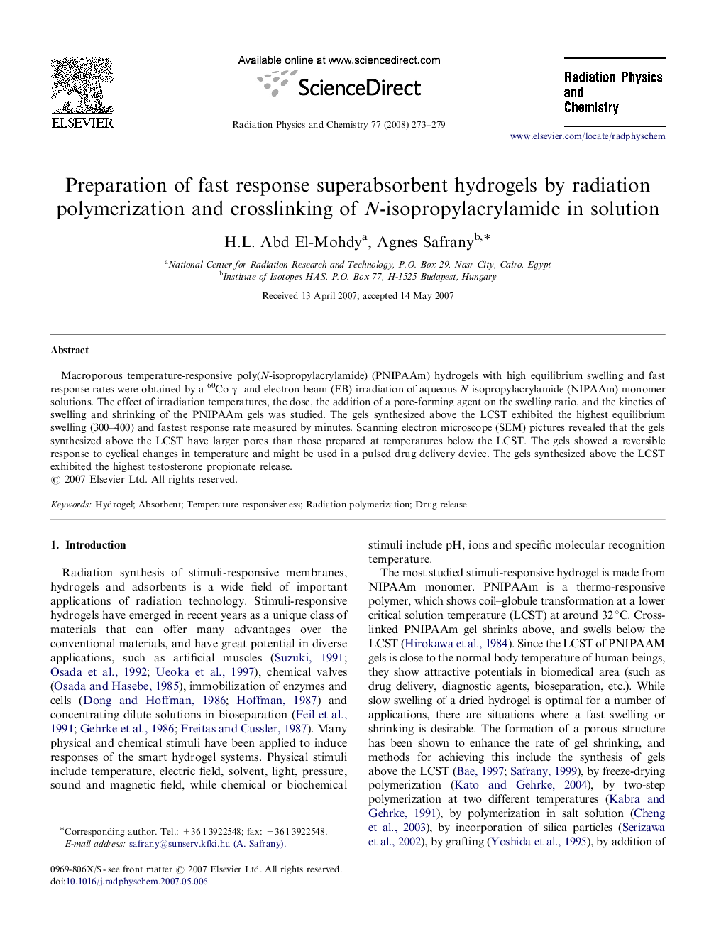 Preparation of fast response superabsorbent hydrogels by radiation polymerization and crosslinking of N-isopropylacrylamide in solution