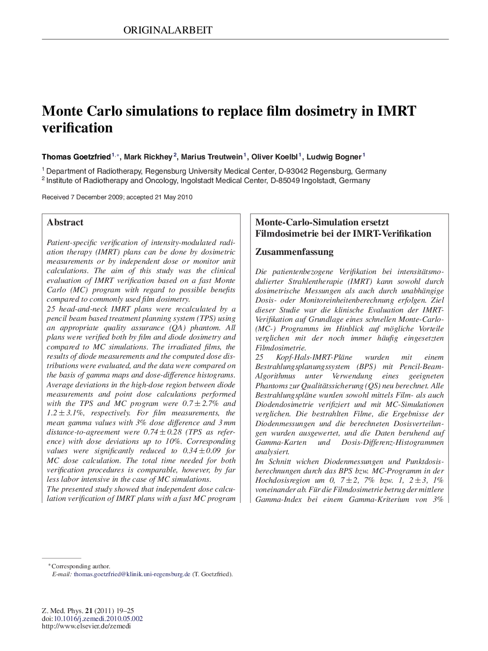 Monte Carlo simulations to replace film dosimetry in IMRT verification