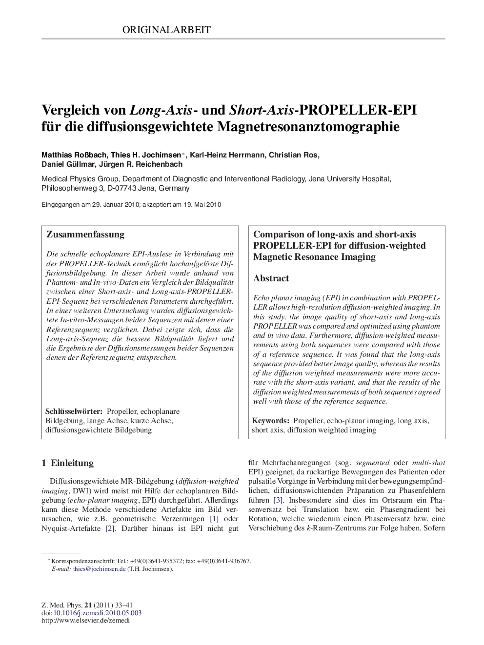 Vergleich von Long-Axis- und Short-Axis-PROPELLER-EPI für die diffusionsgewichtete Magnetresonanztomographie