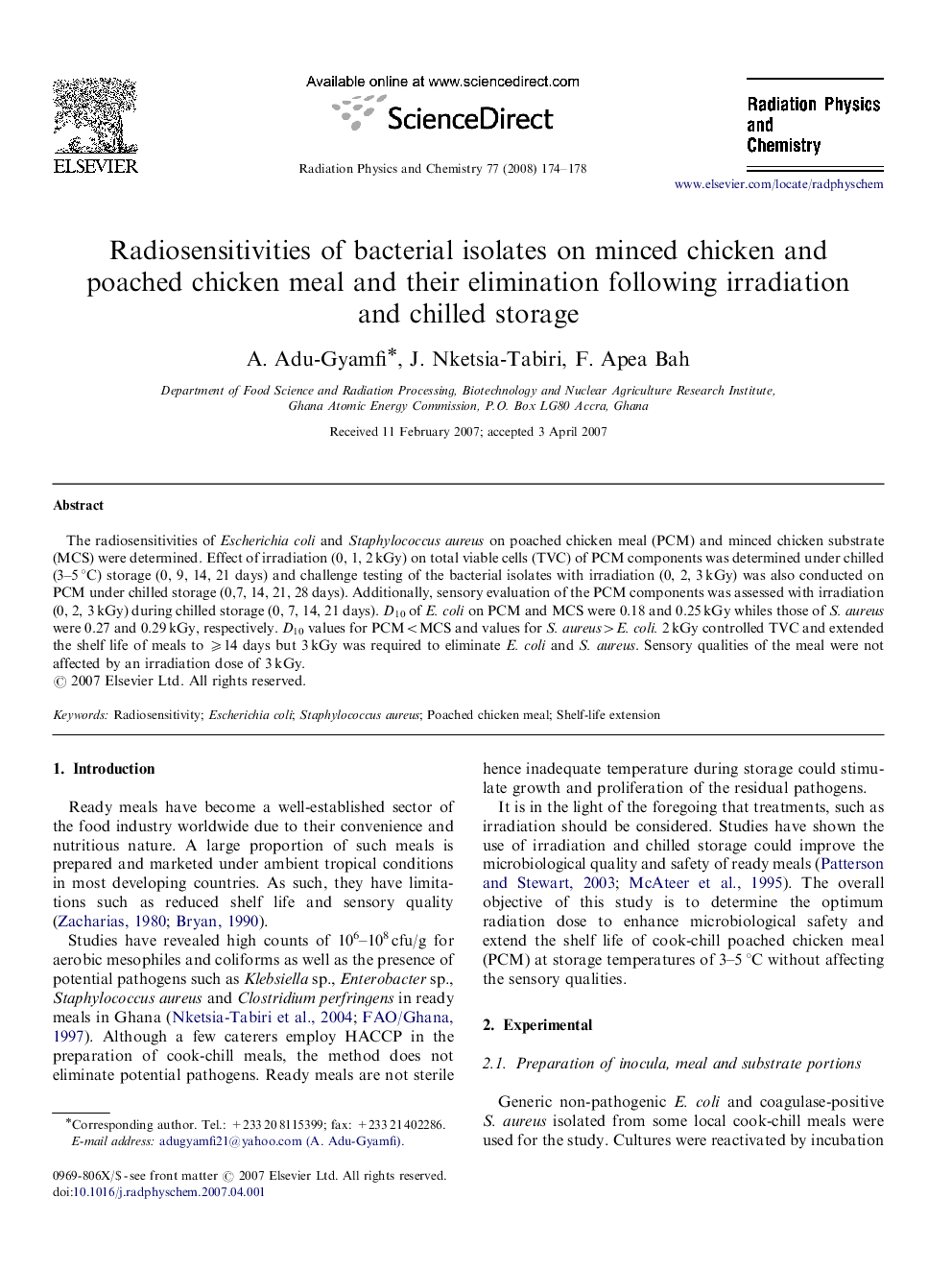 Radiosensitivities of bacterial isolates on minced chicken and poached chicken meal and their elimination following irradiation and chilled storage