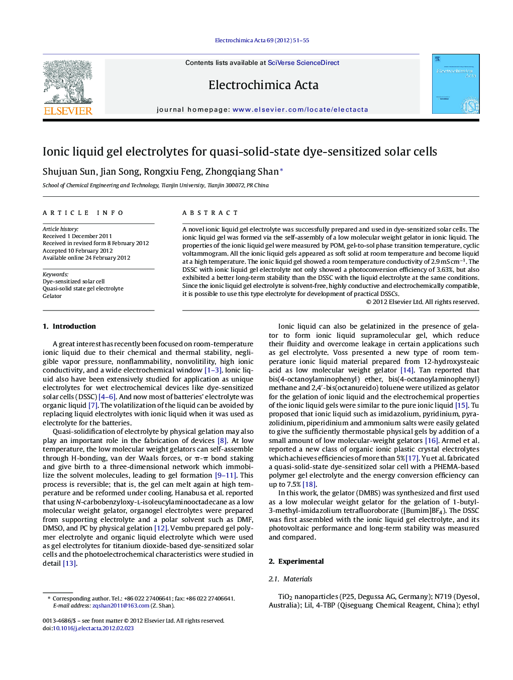 Ionic liquid gel electrolytes for quasi-solid-state dye-sensitized solar cells