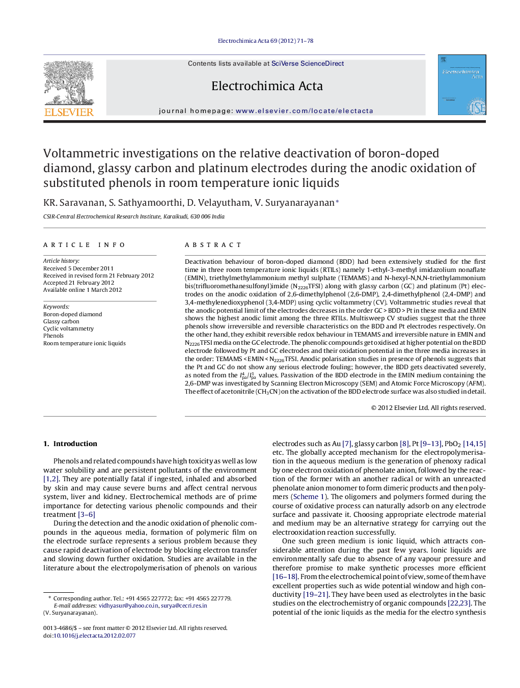 Voltammetric investigations on the relative deactivation of boron-doped diamond, glassy carbon and platinum electrodes during the anodic oxidation of substituted phenols in room temperature ionic liquids