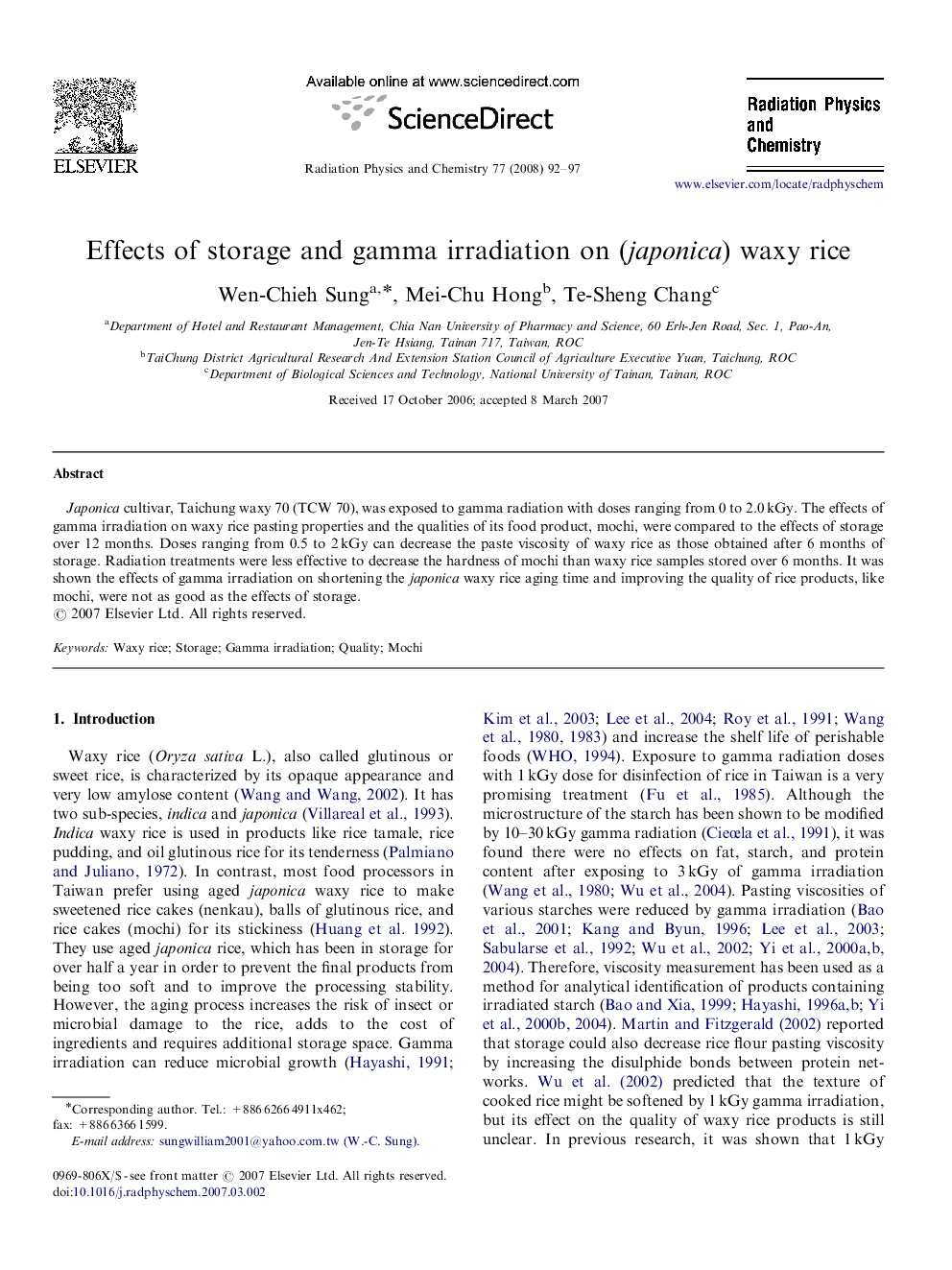 Effects of storage and gamma irradiation on (japonica) waxy rice