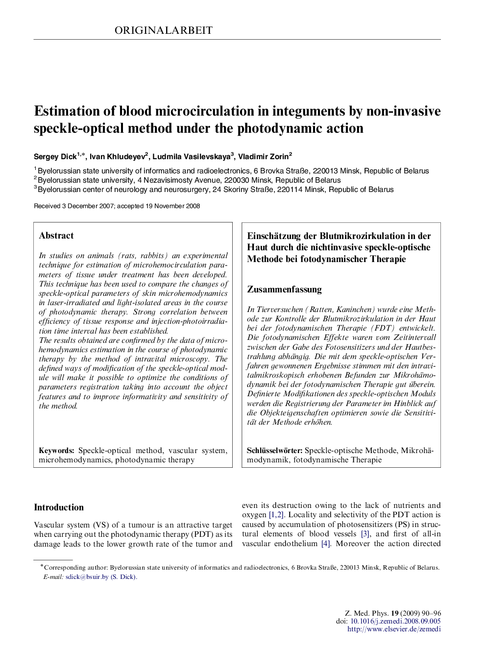 Estimation of blood microcirculation in integuments by non-invasive speckle-optical method under the photodynamic action