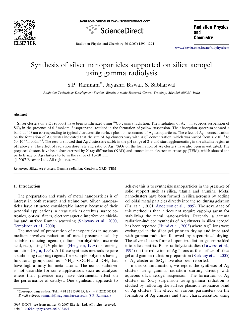 Synthesis of silver nanoparticles supported on silica aerogel using gamma radiolysis