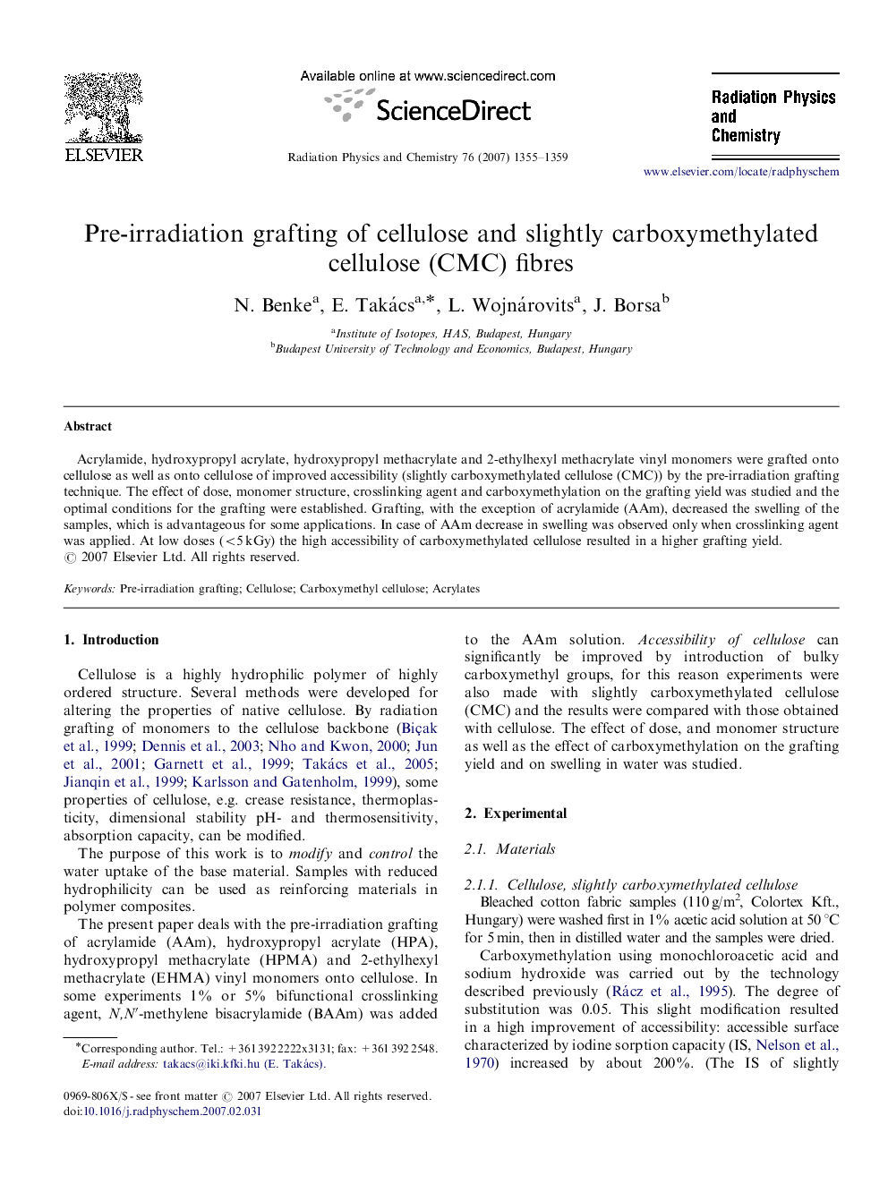 Pre-irradiation grafting of cellulose and slightly carboxymethylated cellulose (CMC) fibres