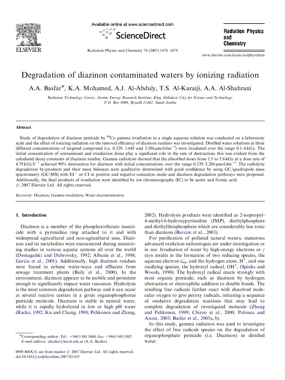 Degradation of diazinon contaminated waters by ionizing radiation