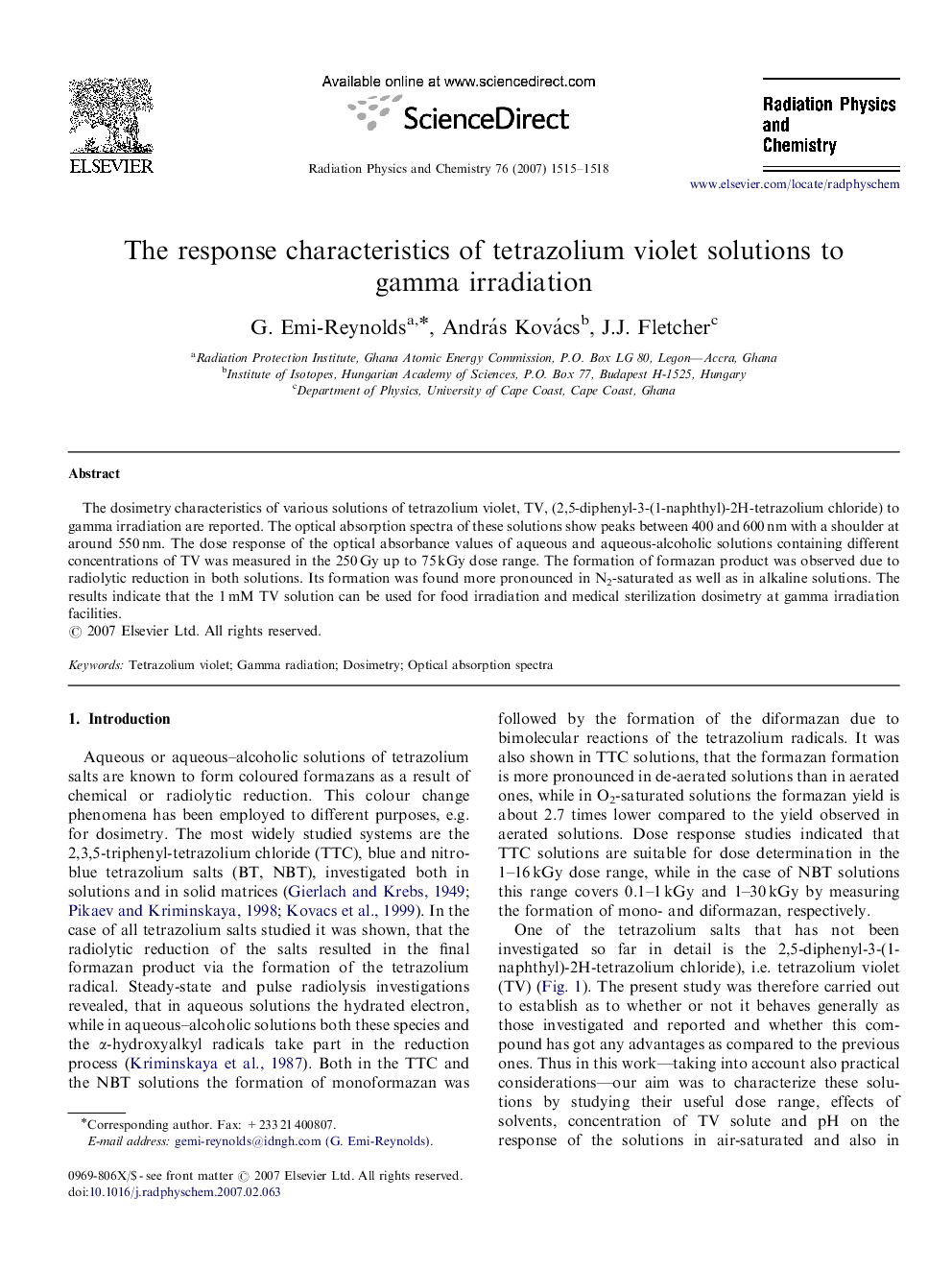 The response characteristics of tetrazolium violet solutions to gamma irradiation