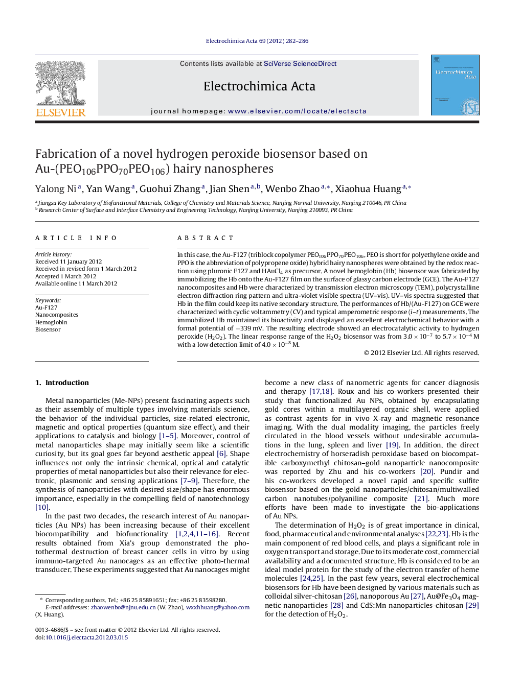 Fabrication of a novel hydrogen peroxide biosensor based on Au-(PEO106PPO70PEO106) hairy nanospheres