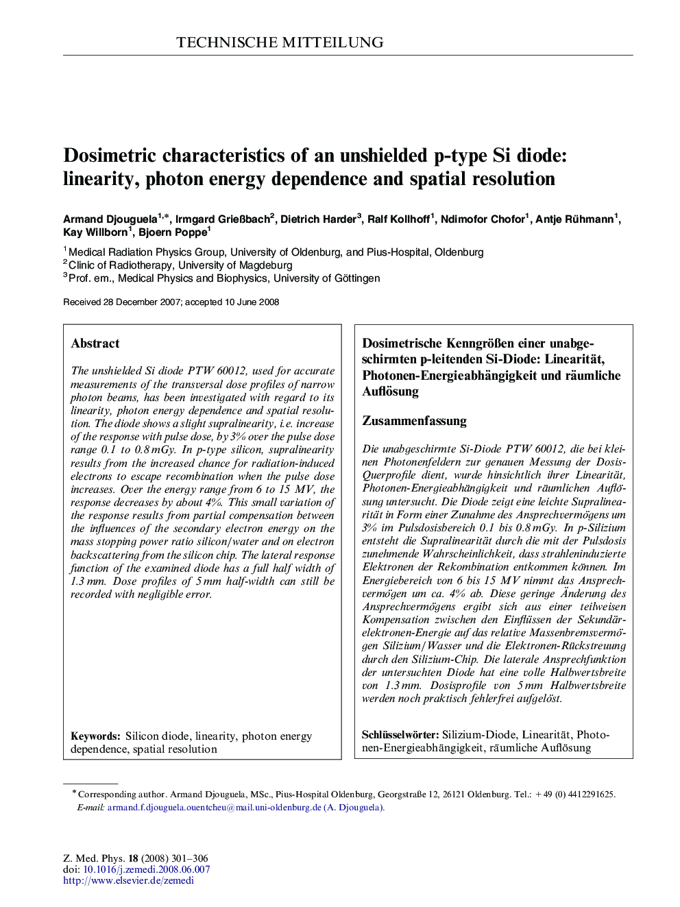 Dosimetric characteristics of an unshielded p-type Si diode: linearity, photon energy dependence and spatial resolution