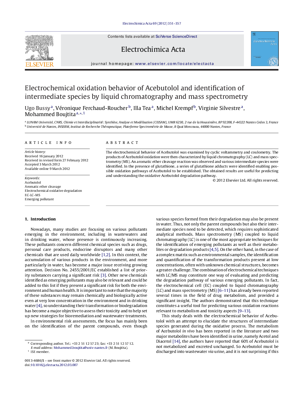 Electrochemical oxidation behavior of Acebutolol and identification of intermediate species by liquid chromatography and mass spectrometry