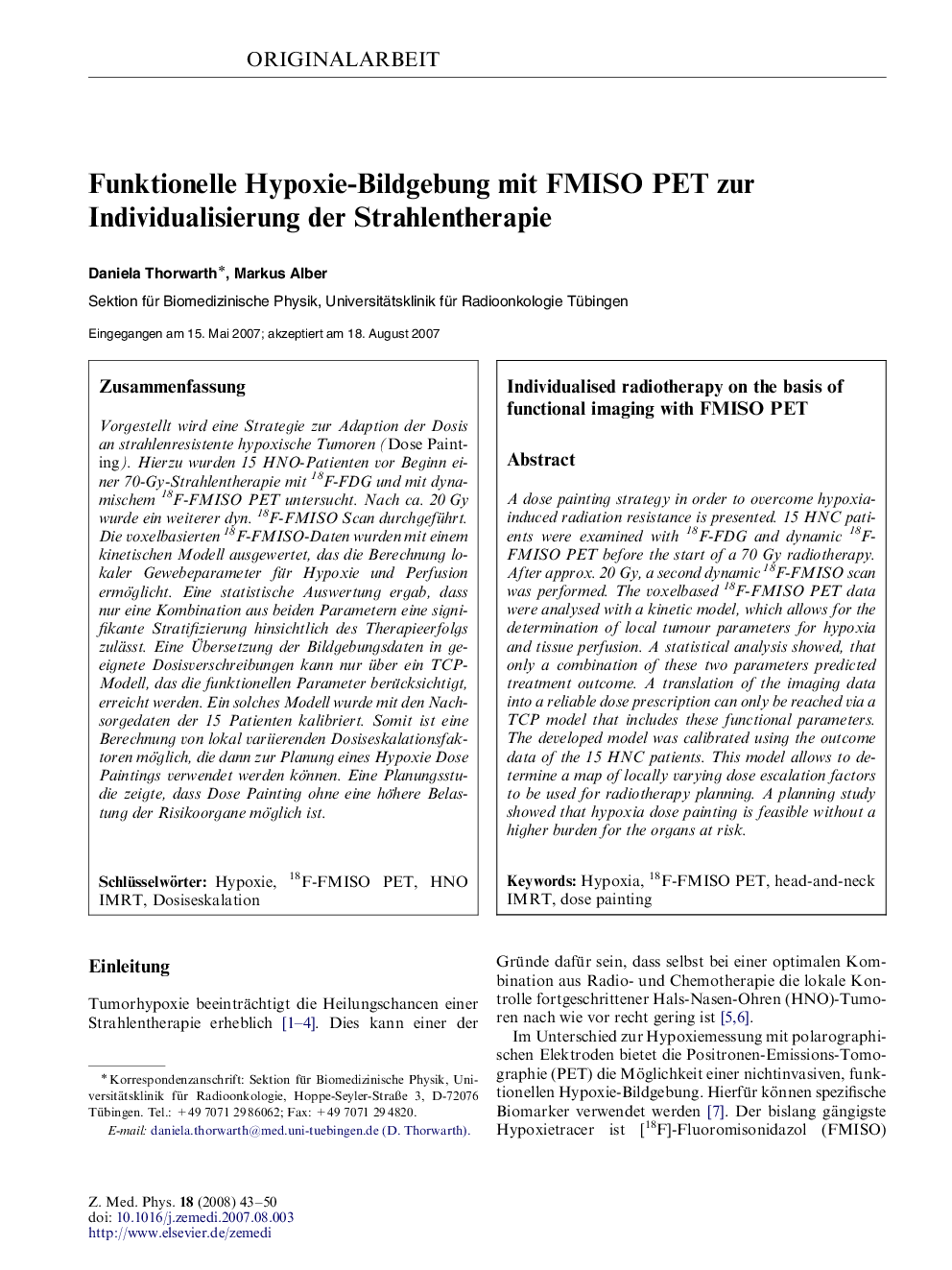 Funktionelle Hypoxie-Bildgebung mit FMISO PET zur Individualisierung der Strahlentherapie