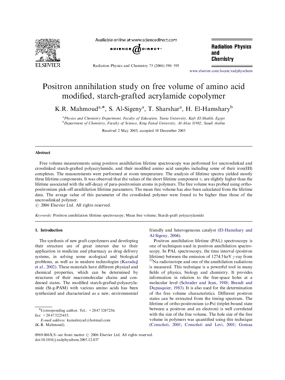 Positron annihilation study on free volume of amino acid modified, starch-grafted acrylamide copolymer