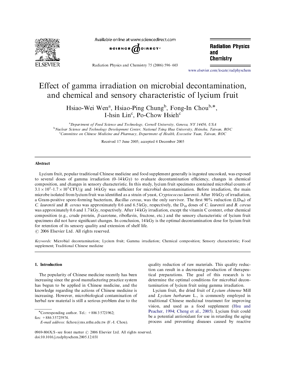 Effect of gamma irradiation on microbial decontamination, and chemical and sensory characteristic of lycium fruit