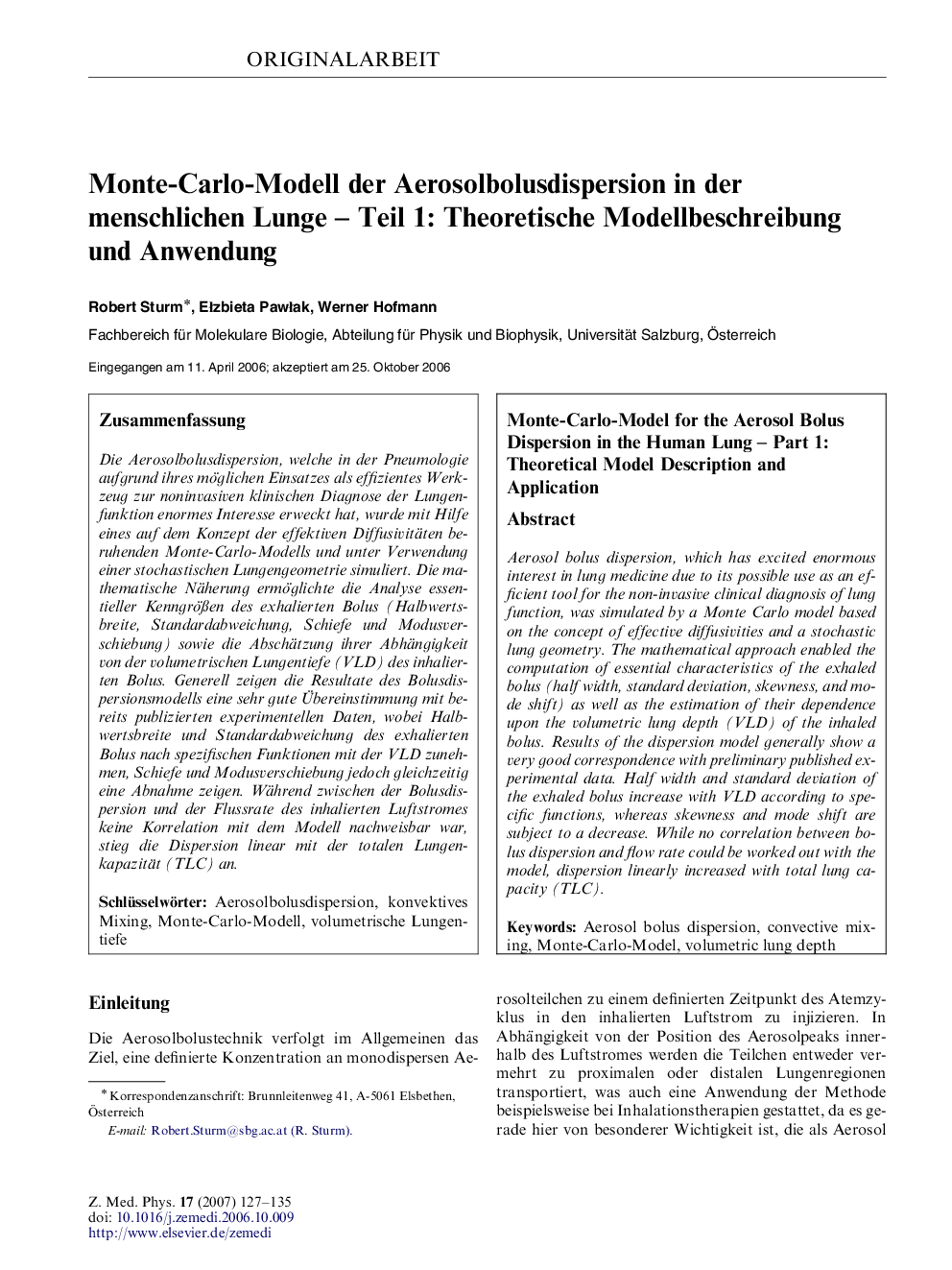 Monte-Carlo-Modell der Aerosolbolusdispersion in der menschlichen Lunge - Teil 1: Theoretische Modellbeschreibung und Anwendung