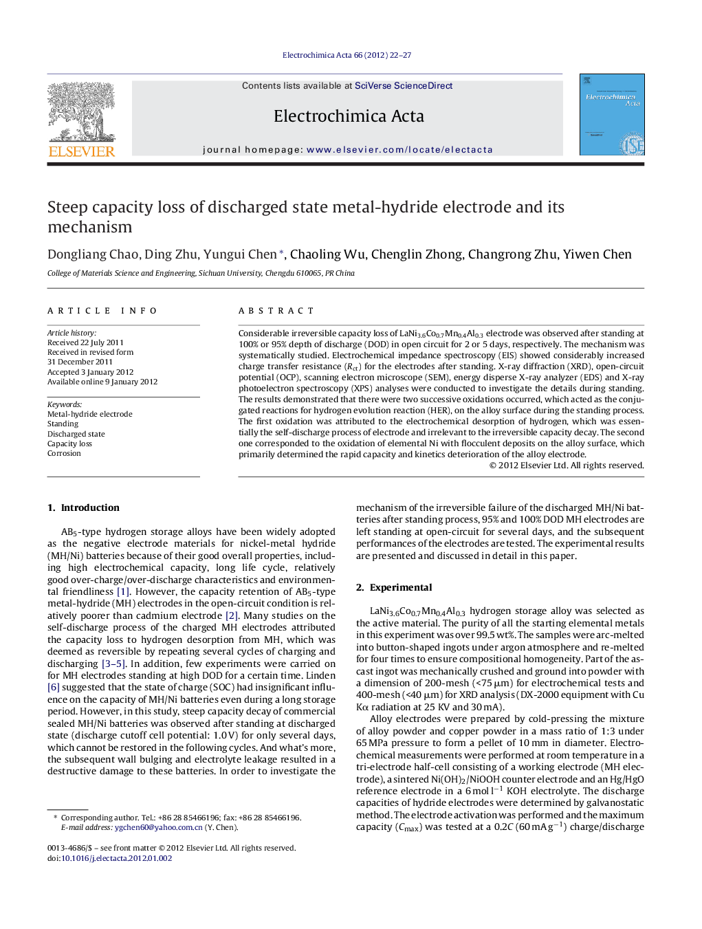 Steep capacity loss of discharged state metal-hydride electrode and its mechanism