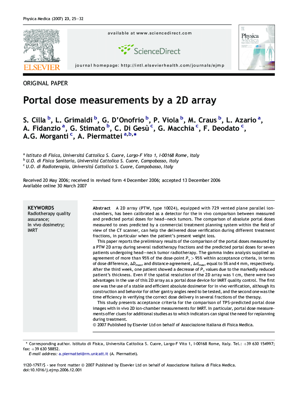 Portal dose measurements by a 2D array