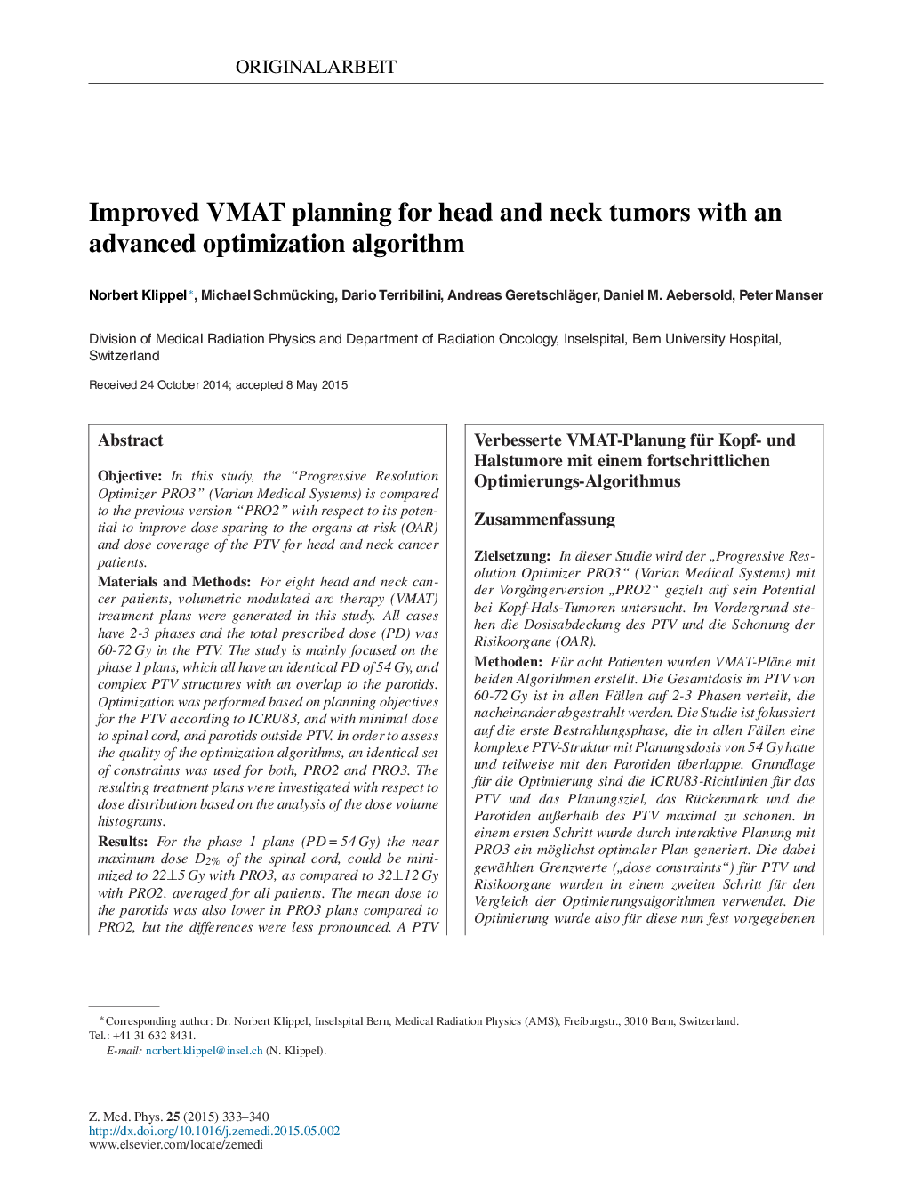 Improved VMAT planning for head and neck tumors with an advanced optimization algorithm