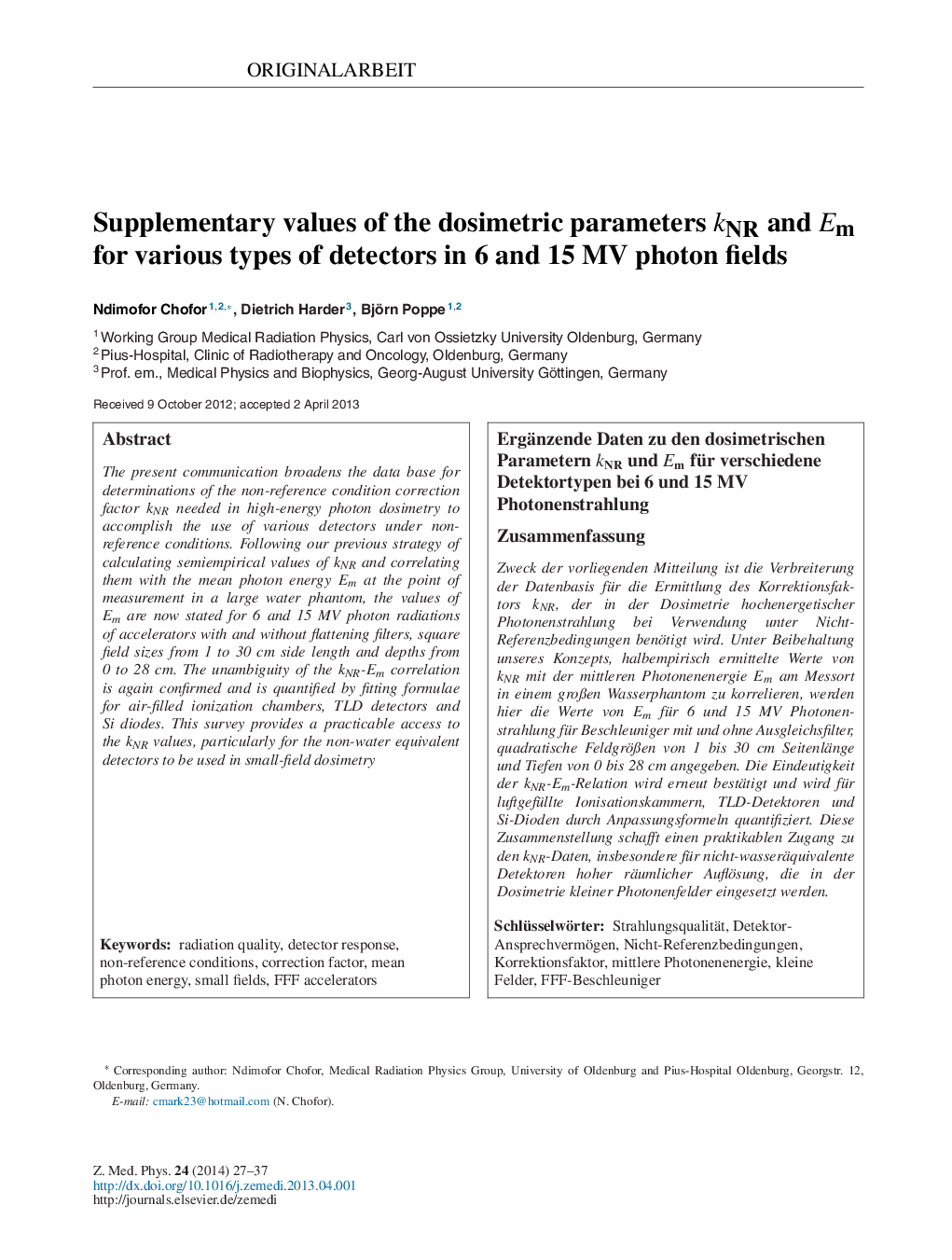 Supplementary values of the dosimetric parameters kNR and Em for various types of detectors in 6 and 15 MV photon fields