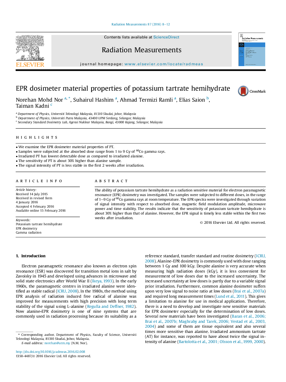 EPR dosimeter material properties of potassium tartrate hemihydrate