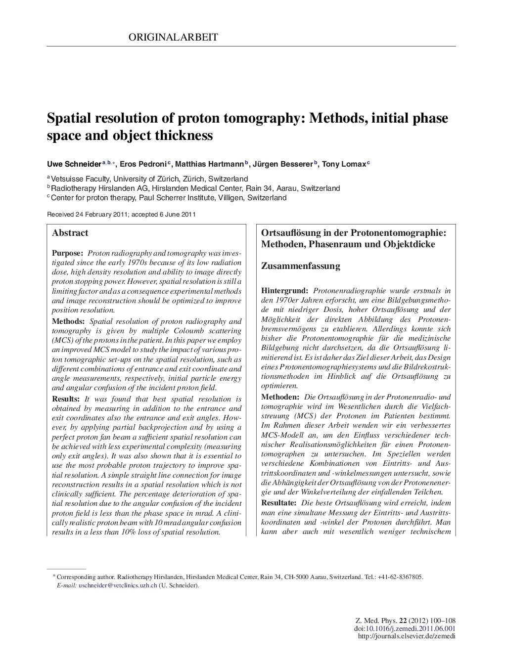 Spatial resolution of proton tomography: Methods, initial phase space and object thickness