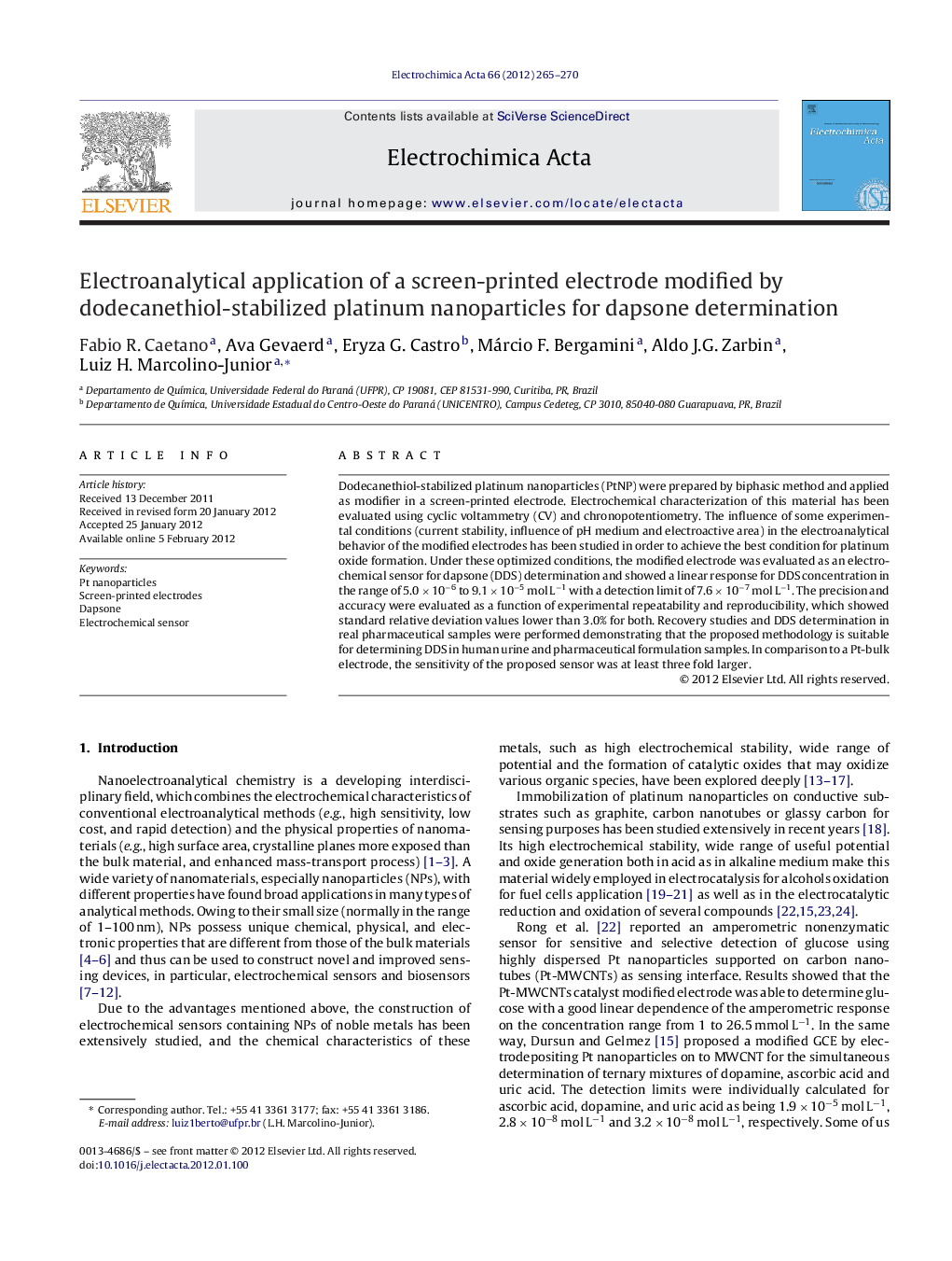 Electroanalytical application of a screen-printed electrode modified by dodecanethiol-stabilized platinum nanoparticles for dapsone determination