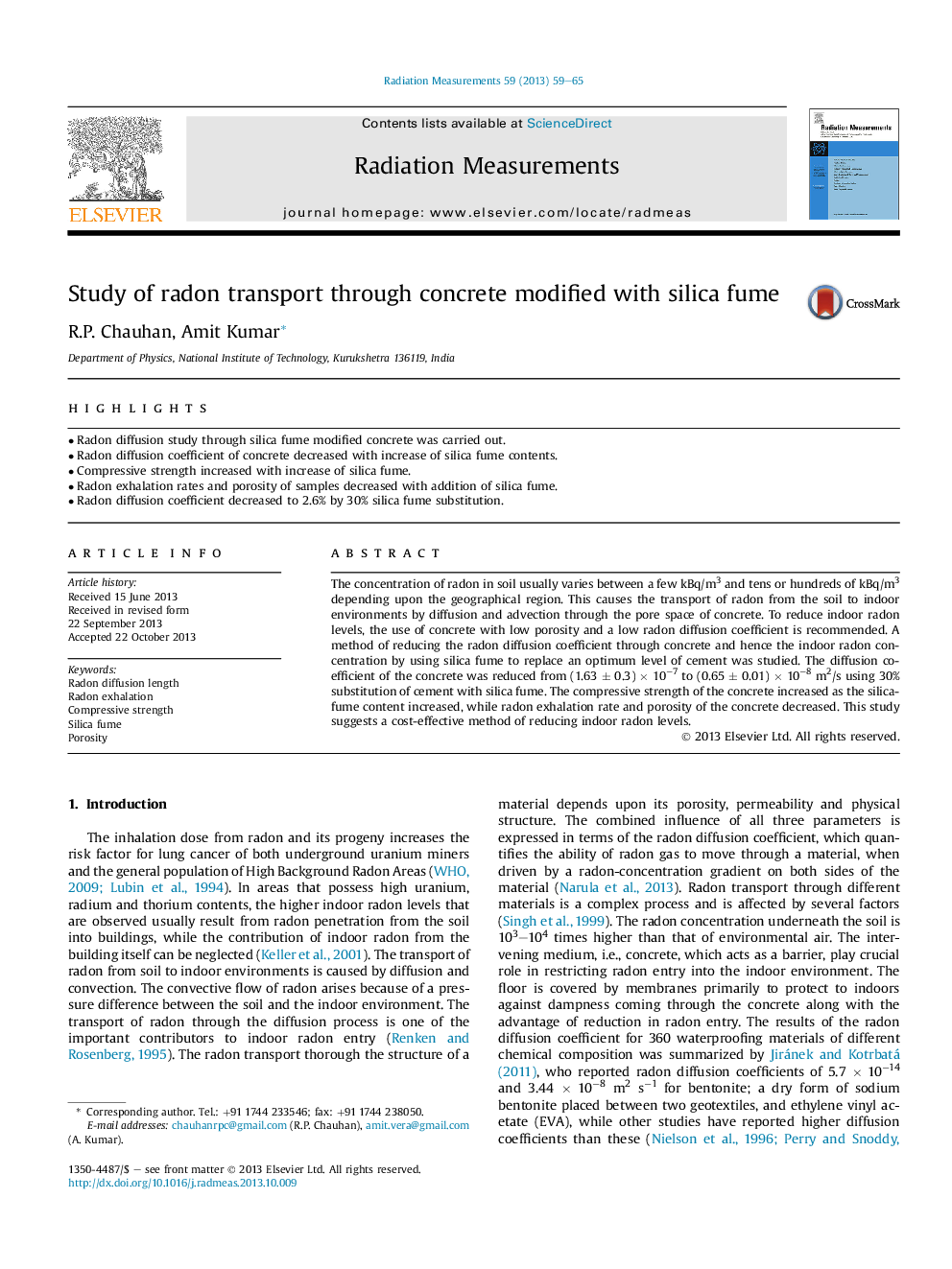 Study of radon transport through concrete modified with silica fume