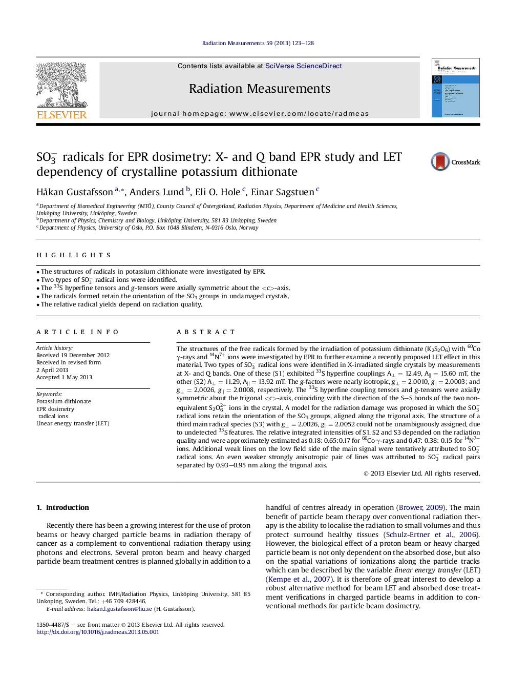 SO3− radicals for EPR dosimetry: X- and Q band EPR study and LET dependency of crystalline potassium dithionate