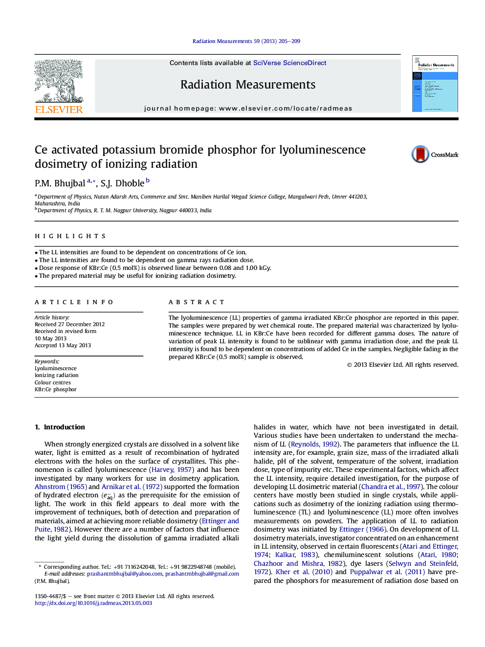 Ce activated potassium bromide phosphor for lyoluminescence dosimetry of ionizing radiation