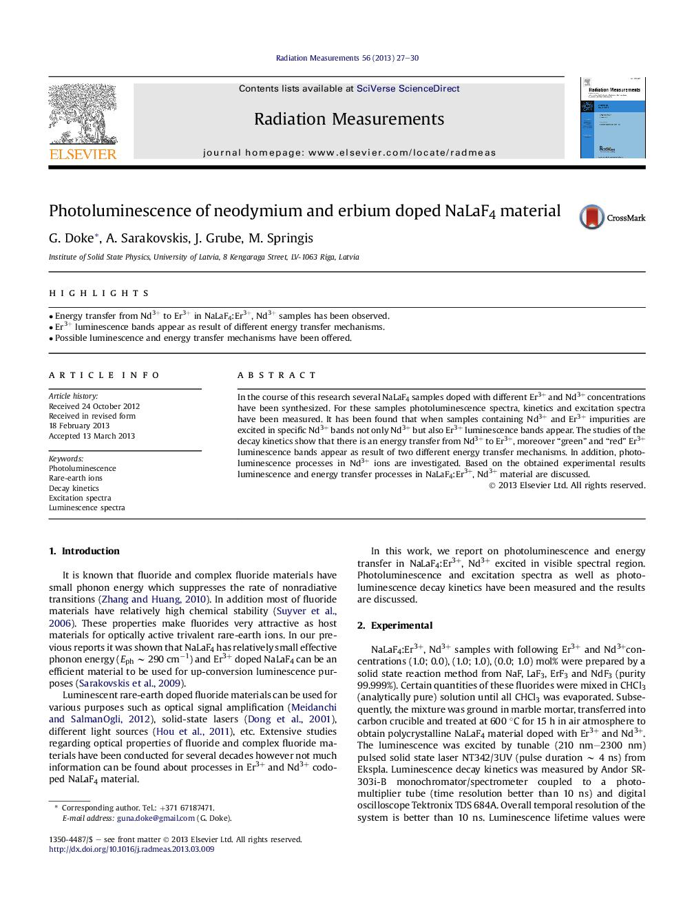 Photoluminescence of neodymium and erbium doped NaLaF4 material