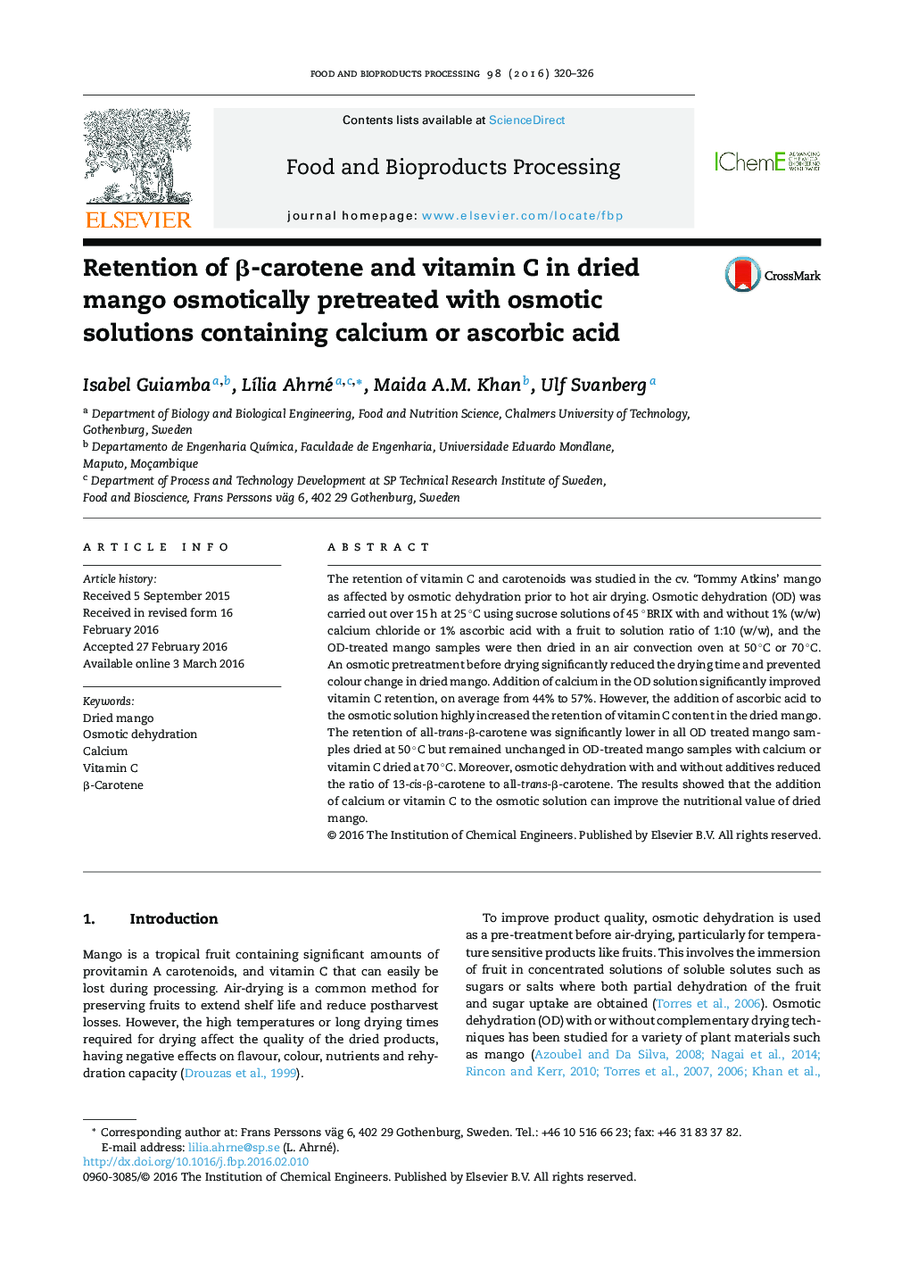 Retention of β-carotene and vitamin C in dried mango osmotically pretreated with osmotic solutions containing calcium or ascorbic acid