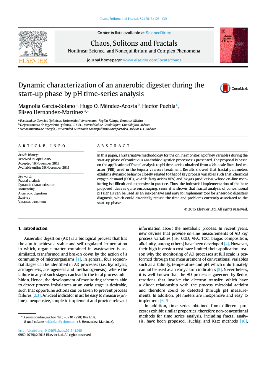 Dynamic characterization of an anaerobic digester during the start-up phase by pH time-series analysis