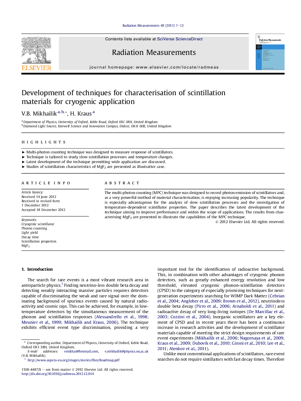 Development of techniques for characterisation of scintillation materials for cryogenic application