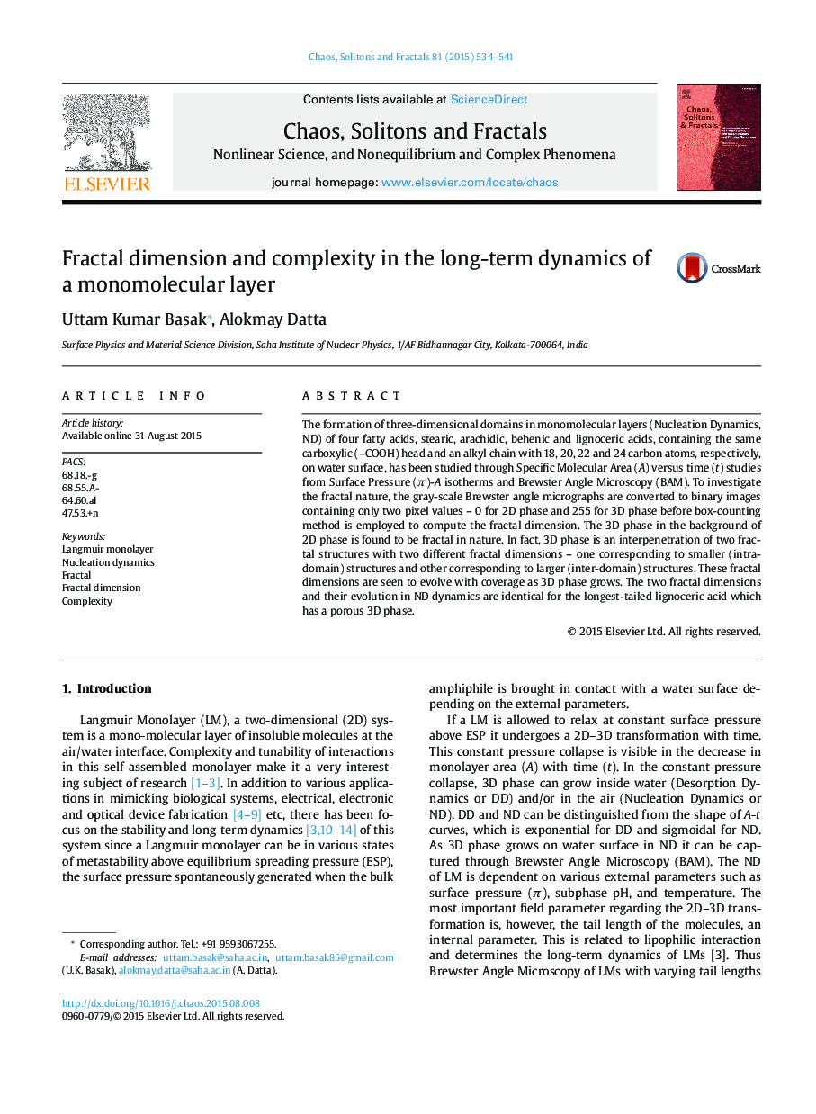 Fractal dimension and complexity in the long-term dynamics of a monomolecular layer