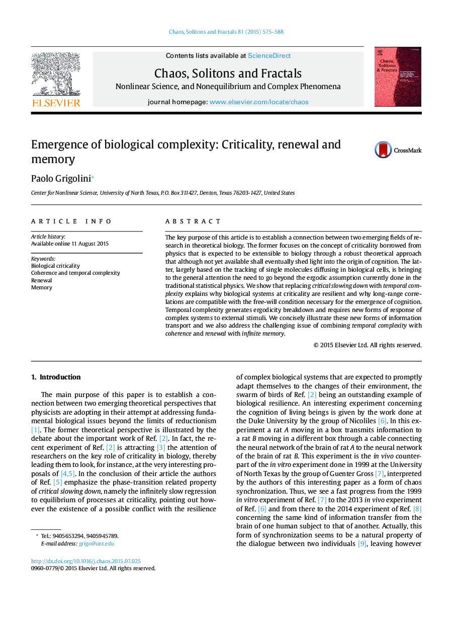 Emergence of biological complexity: Criticality, renewal and memory