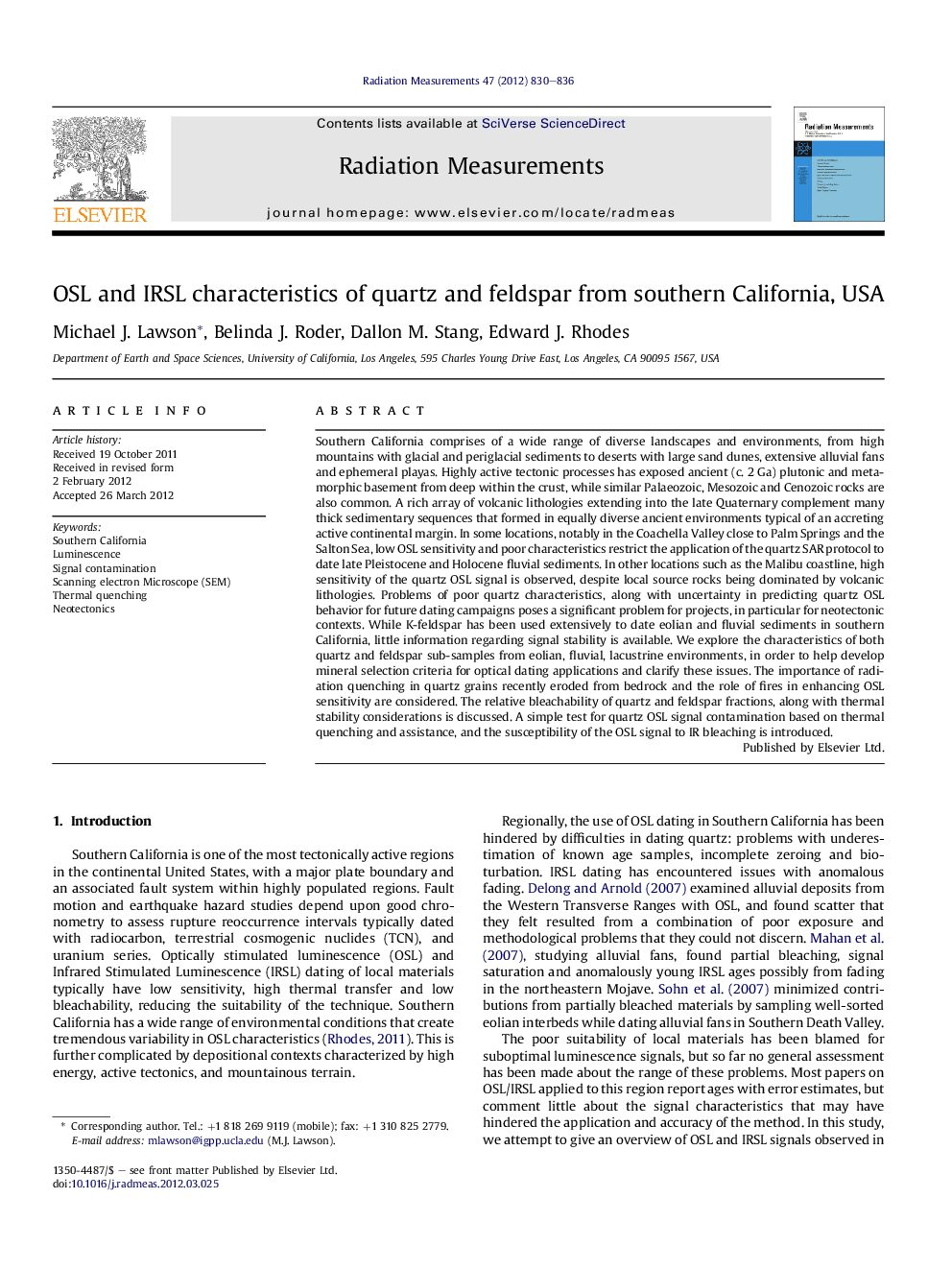 OSL and IRSL characteristics of quartz and feldspar from southern California, USA