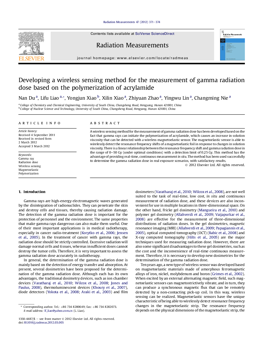 Developing a wireless sensing method for the measurement of gamma radiation dose based on the polymerization of acrylamide