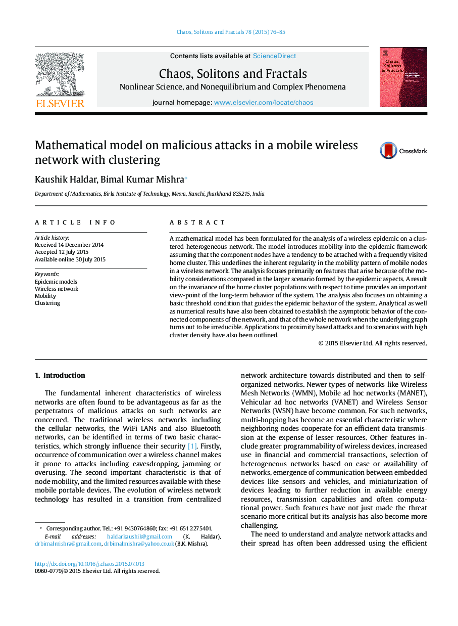 Mathematical model on malicious attacks in a mobile wireless network with clustering