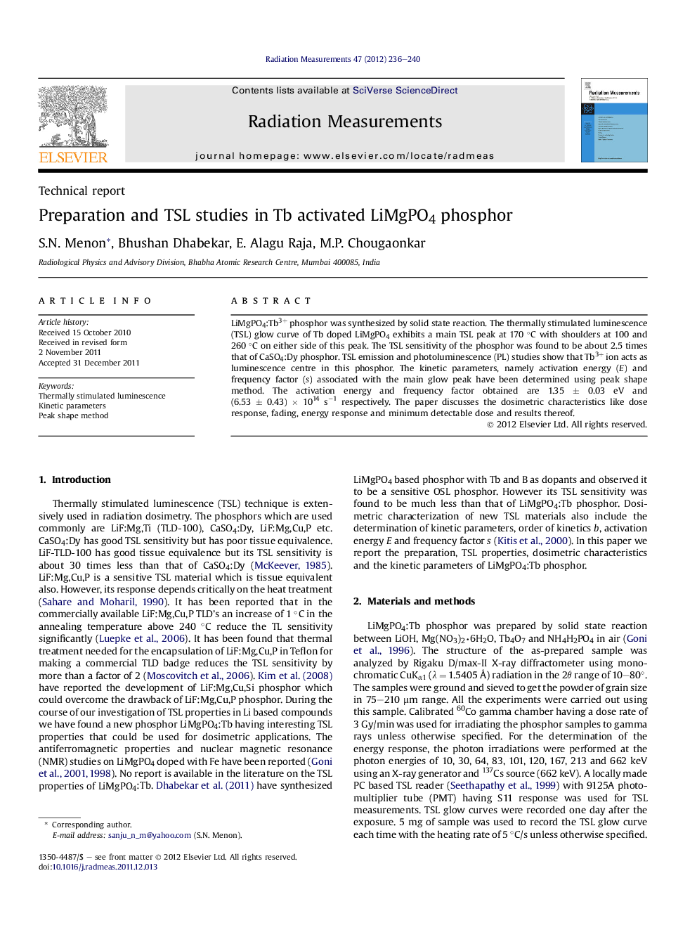 Preparation and TSL studies in Tb activated LiMgPO4 phosphor