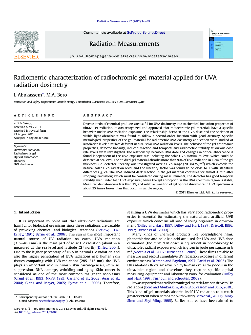 Radiometric characterization of radiochromic gel material applied for UVA radiation dosimetry
