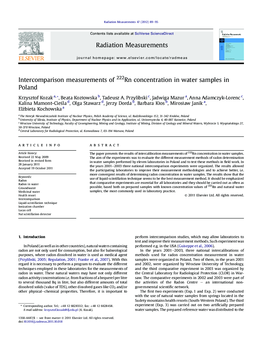 Intercomparison measurements of 222Rn concentration in water samples in Poland