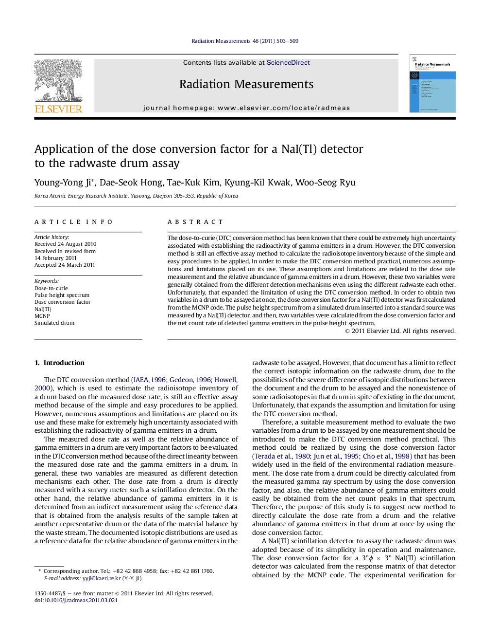عکس صفحه اول مقاله: Application of the dose conversion factor for a NaI(Tl) detector to the radwaste drum assay Application of the dose conversion factor for a NaI(Tl) detector to the radwaste drum assay