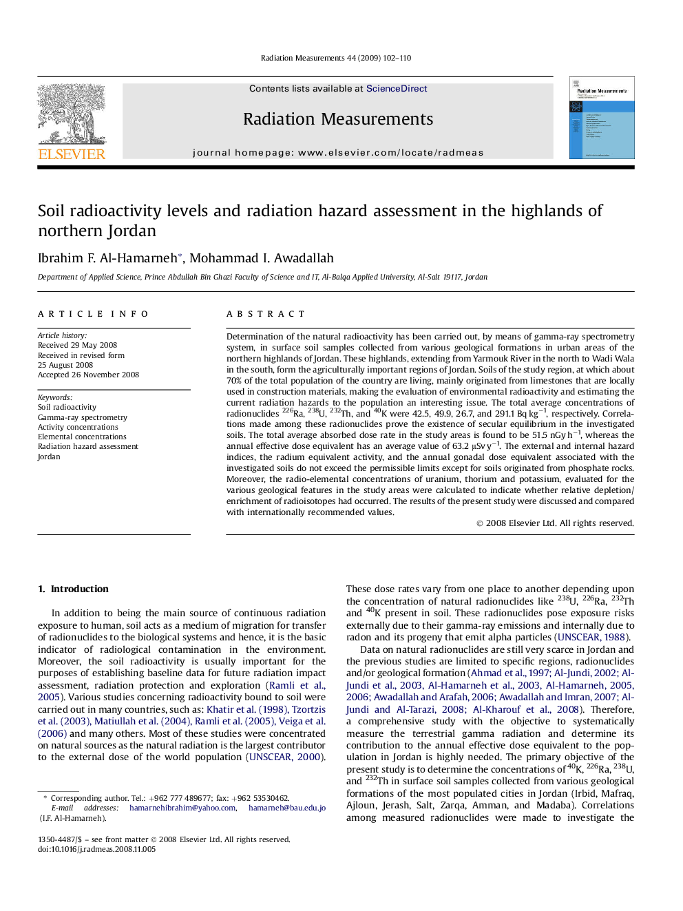 Soil radioactivity levels and radiation hazard assessment in the highlands of northern Jordan